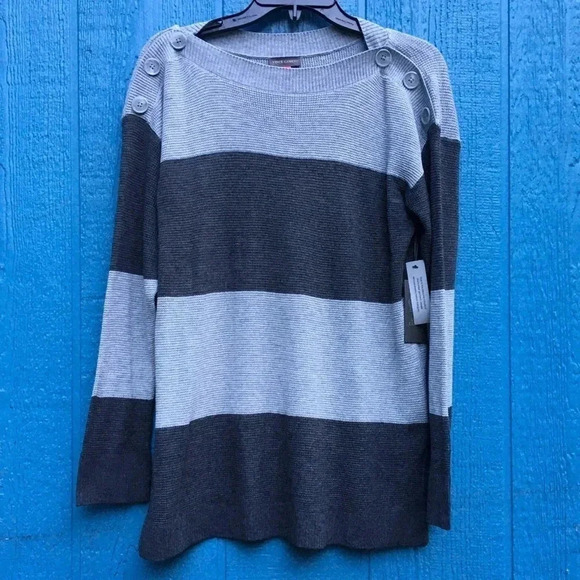 Vince Camuto Stripe Ribbed Knit Button Shoulder Casual Sweater Plus Size 2X Grey - Picture 3 of 6